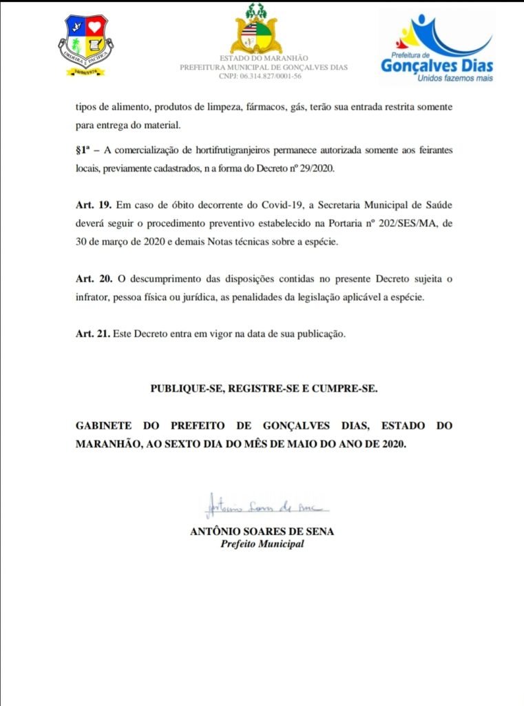 Prefeitura de Gonçalves Dias emite novo decreto de combate ao coronavírus
