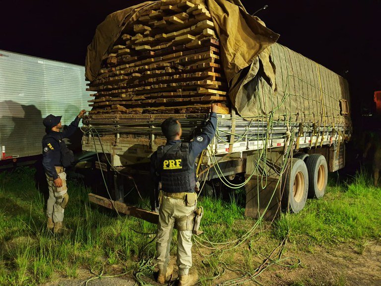 Carga ilegal de madeira é apreendida em dois caminhões na BR-230, em Altamira/PA