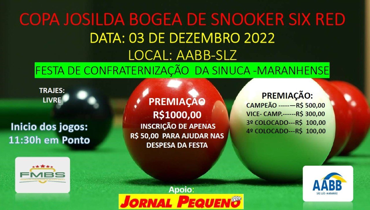 AABB-São Luís: Neste sábado tem Copa Josilda Bogéa de Snooker Six Red e confraternização da sinuca