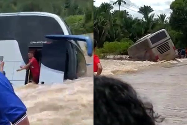 Ônibus com passageiros é arrastado pela água em rodovia que liga Pedreiras e Lima Campos