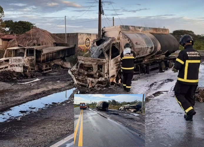 Caminhão-tanque explode após colidir com caçamba na BR-402 região dos Lençóis Maranhenses.; motorista morre