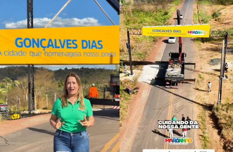 A prefeita Suane Dias inicia a montagem do portal de entrada no bairro maioba, em Gonçalves Dias