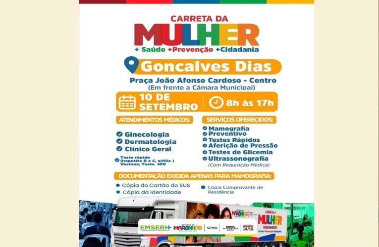 A prefeita Suane Dias estará trazendo a Carreta da Mulher com atendimentos de saúde e cidadania